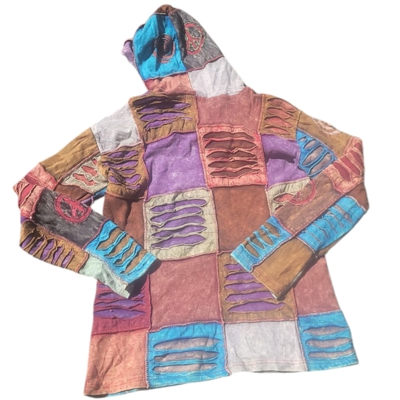 Rising International boho hippie patchwork peace hooded sweatshirt jacket hoodie - Picture 3 of 8